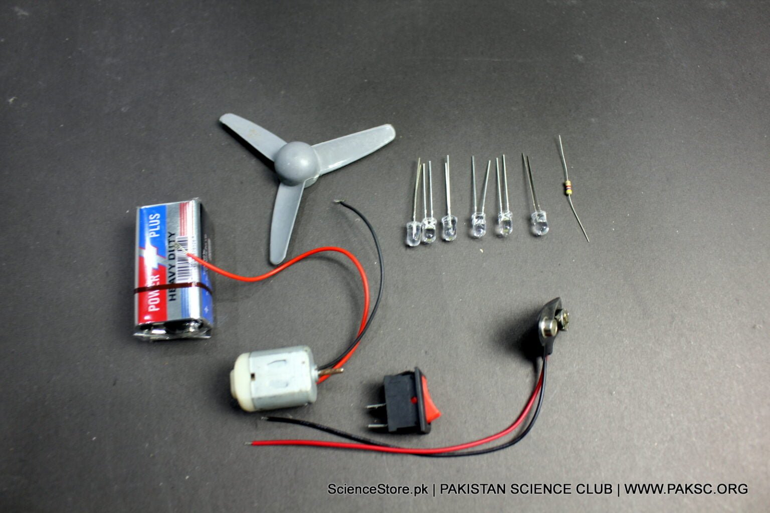 9v battery, DC toy motor, fan blade, Led Science kit for school