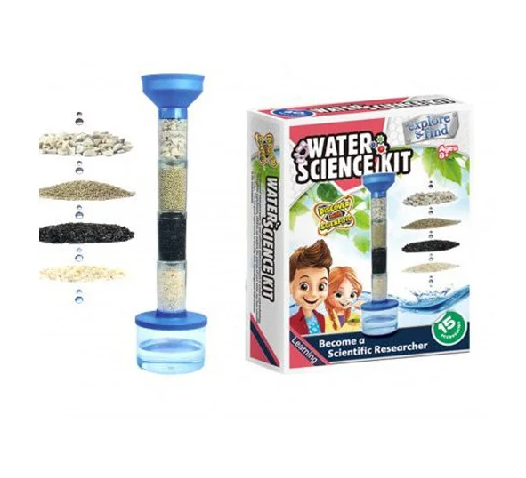 Water Filtration Experiment Science Kit showing crushed granite, sand, activated carbon, and filter paper