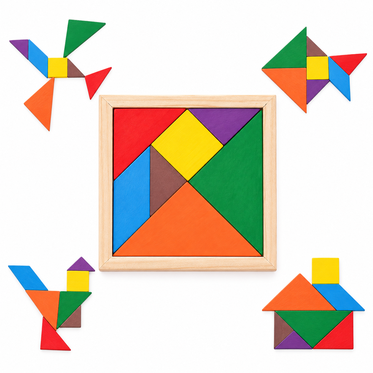 Educational wooden tangram puzzle with colourful geometric pieces